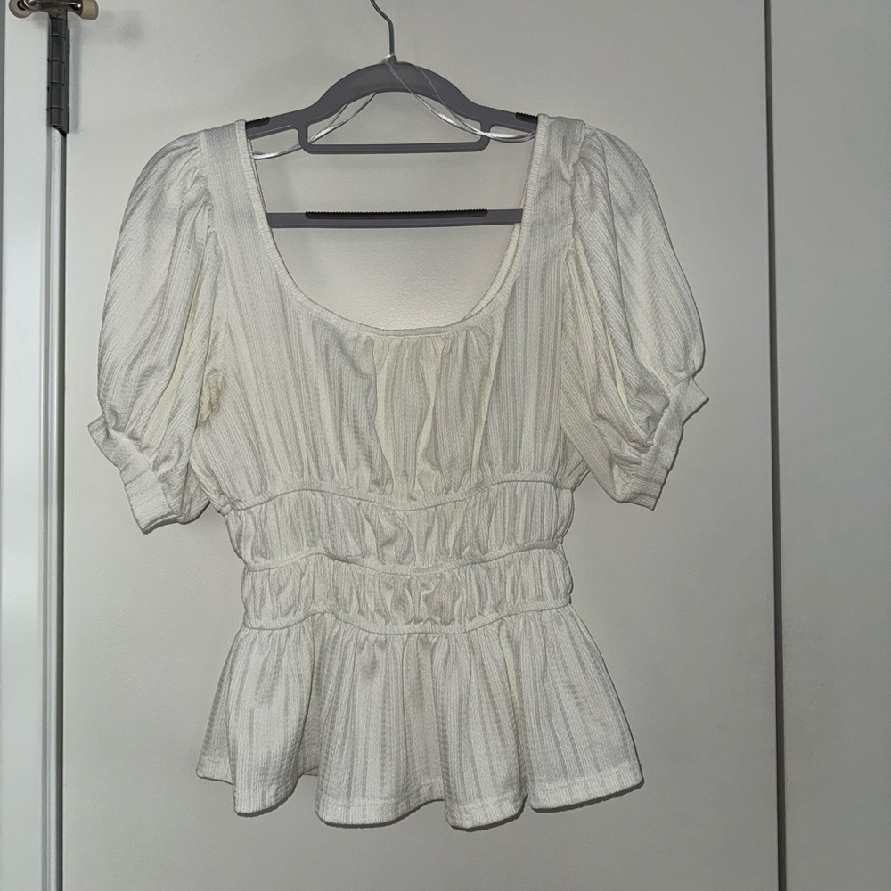 Anthropologie Women's White Puff Sleeve Ruched Blouse